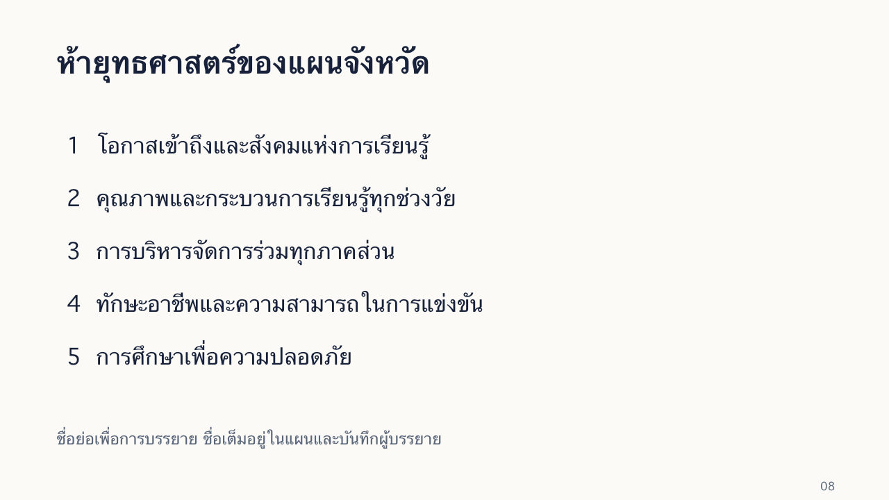 สไลด์ 8: ห้ายุทธศาสตร์ของแผนจังหวัด มีคำอธิบายข้อความด้านล่าง