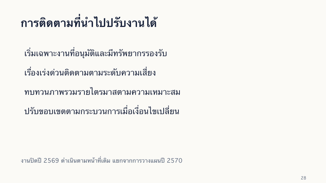 สไลด์ 28: การติดตามที่นำไปปรับงานได้ มีคำอธิบายข้อความด้านล่าง